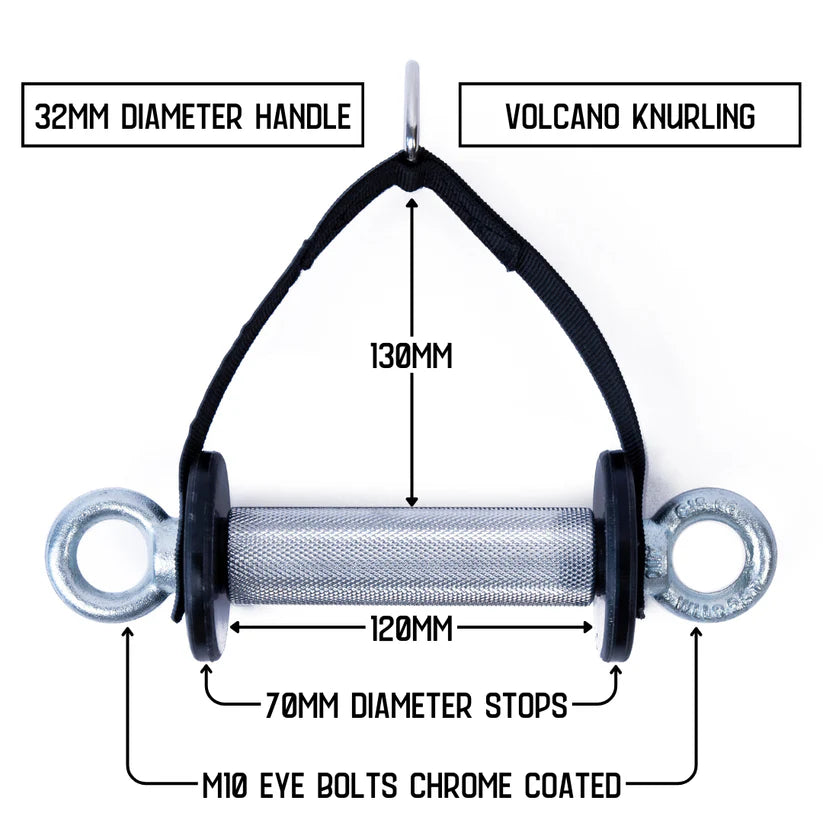 Engineering diagram: 32mm grip, volcano knurling, dual chrome eye bolts