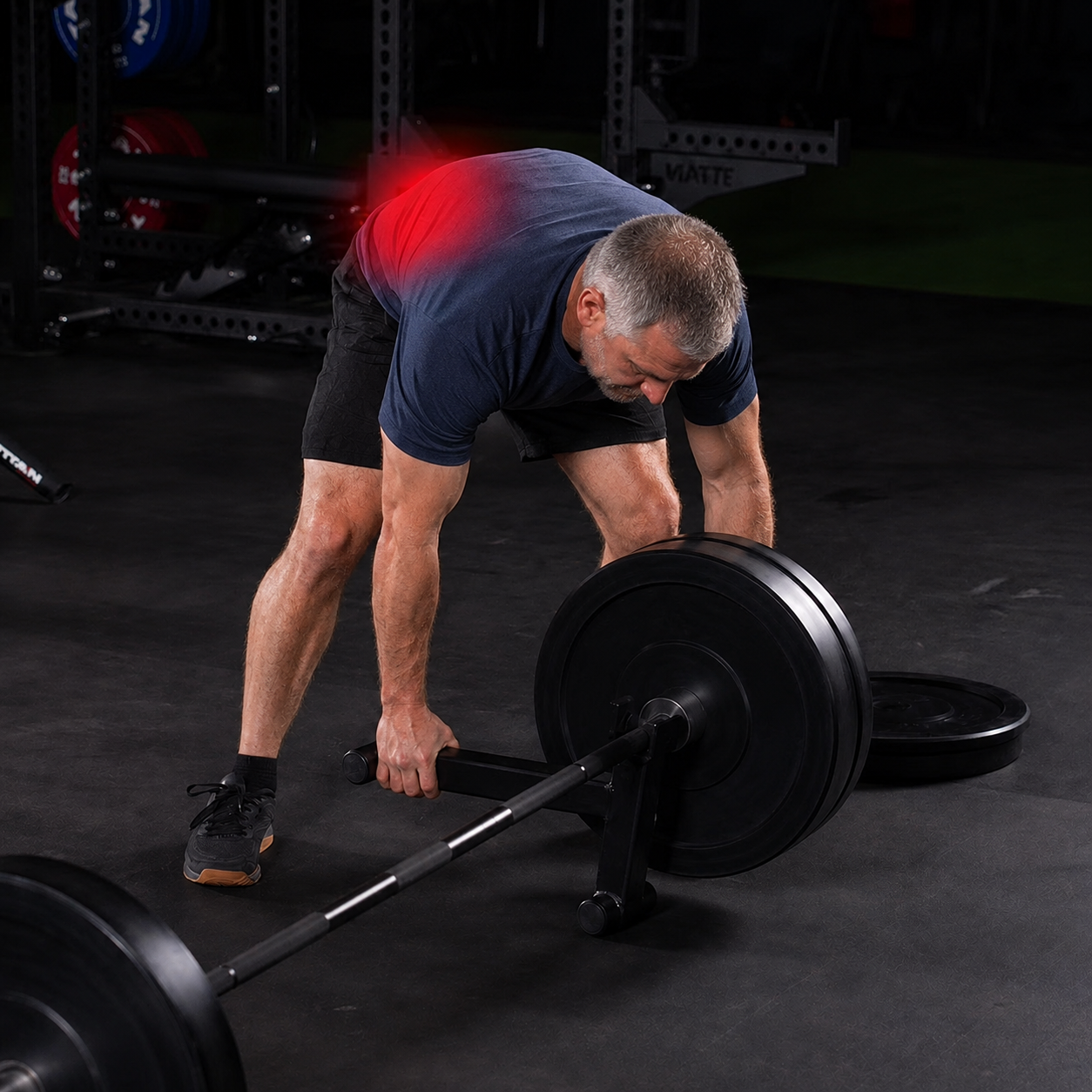 A lifter gripping his lower back after a deadlift set