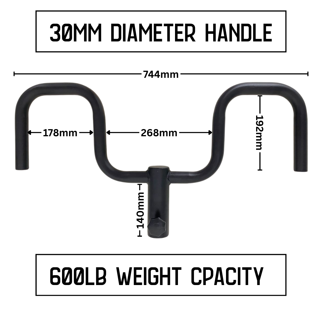 Spec sheet: 30mm handle · 744mm wide · rated to 600 lb